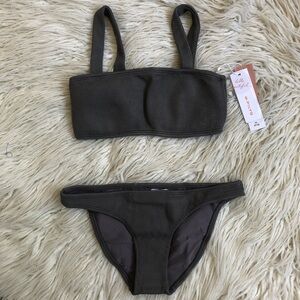PilyQ PQ Swim Gray Sand Reef Layla Bralette Full Bottom Bikini NWT Size S